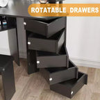 GustoWave Makeup Vanity Desk with Lights & Power Outlet, Corner Vanity Table with 5 Rotating Drawers,3 Color Lighting, Dressing Table
