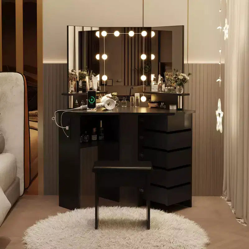 GustoWave Makeup Vanity Desk with Lights & Power Outlet, Corner Vanity Table with 5 Rotating Drawers,3 Color Lighting, Dressing Table