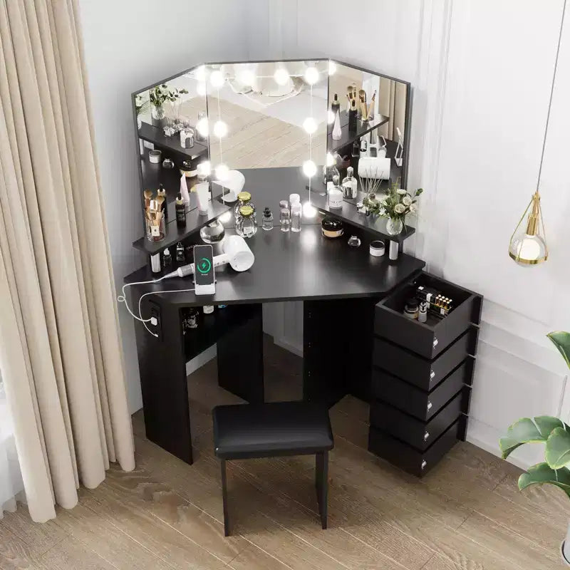 GustoWave Makeup Vanity Desk with Lights & Power Outlet, Corner Vanity Table with 5 Rotating Drawers,3 Color Lighting, Dressing Table