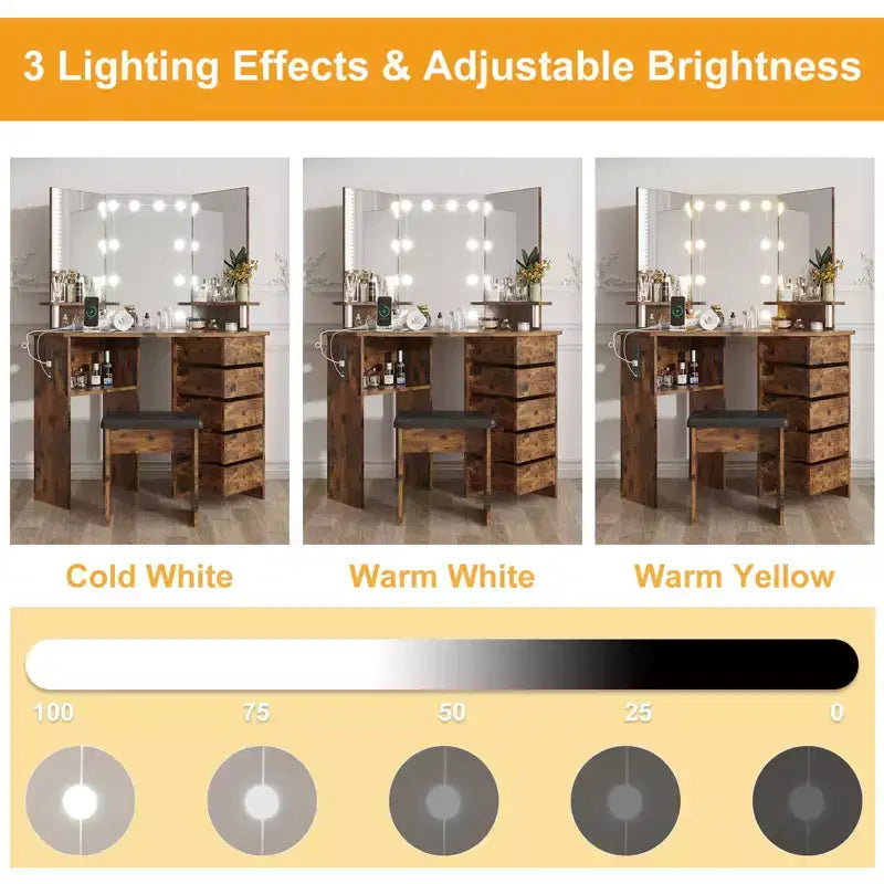 GustoWave Makeup Vanity Desk with Lights & Power Outlet, Corner Vanity Table with 5 Rotating Drawers,3 Color Lighting, Dressing Table