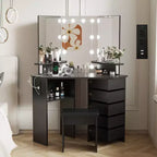 GustoWave Makeup Vanity Desk with Lights & Power Outlet, Corner Vanity Table with 5 Rotating Drawers,3 Color Lighting, Dressing Table