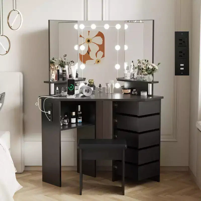 GustoWave Makeup Vanity Desk with Lights & Power Outlet, Corner Vanity Table with 5 Rotating Drawers,3 Color Lighting, Dressing Table