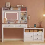 GustoWave Vanity Desk with Glass Top & Charging Station, Touch Screen Mirror and Lights, Makeup Vanity with 5-Drawer, 6 Open Storage Shelves, Antique
