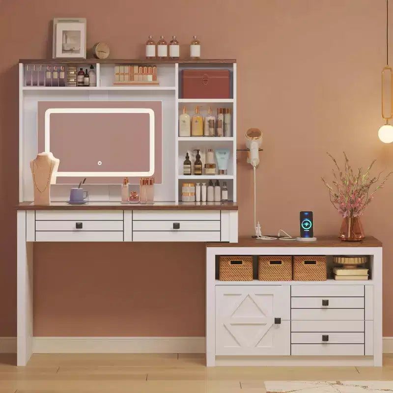 GustoWave Vanity Desk with Glass Top & Charging Station, Touch Screen Mirror and Lights, Makeup Vanity with 5-Drawer, 6 Open Storage Shelves, Antique