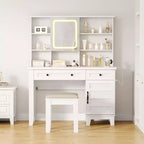 GustoWave make-uptafel, make-uptafel met spiegel, verlichting en stopcontact, make-uptafel met 2 lades en gestoffeerde kruk