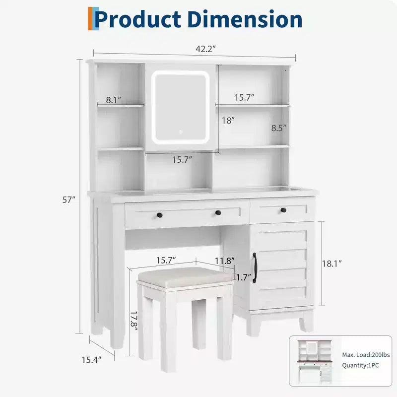 GustoWave make-uptafel, make-uptafel met spiegel, verlichting en stopcontact, make-uptafel met 2 lades en gestoffeerde kruk