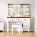 GustoWave make-uptafel, make-uptafel met spiegel, verlichting en stopcontact, make-uptafel met 2 lades en gestoffeerde kruk