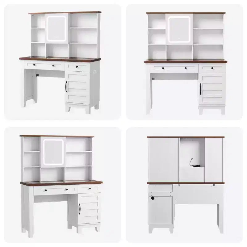 GustoWave make-uptafel, make-uptafel met spiegel, verlichting en stopcontact, make-uptafel met 2 lades en gestoffeerde kruk