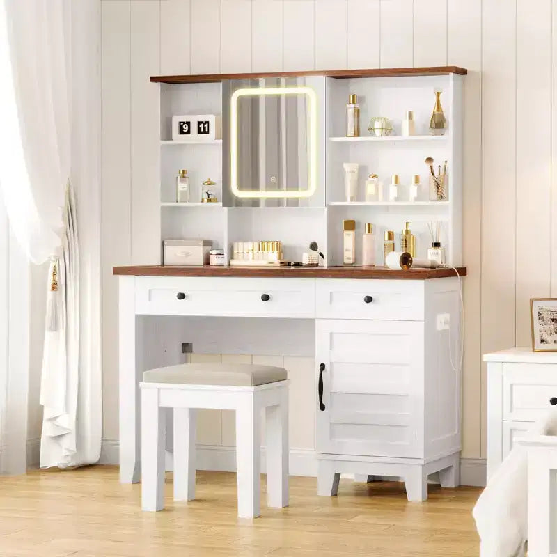 GustoWave Makeup Vanity Desk,Makeup Vanity with Mirror and Lights & Power Outlet, Makeup Table with 2 Drawers and Cushioned Stool, Dressing Table