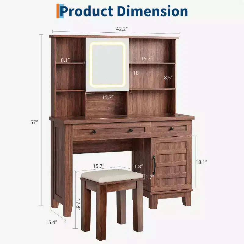 Schminktisch im Landhausstil mit Spiegel und Beleuchtung, Steckdose, 2 Schubladen und gepolstertem Hocker, Glasplatte für Schlafzimmer und Ankleidezimmer