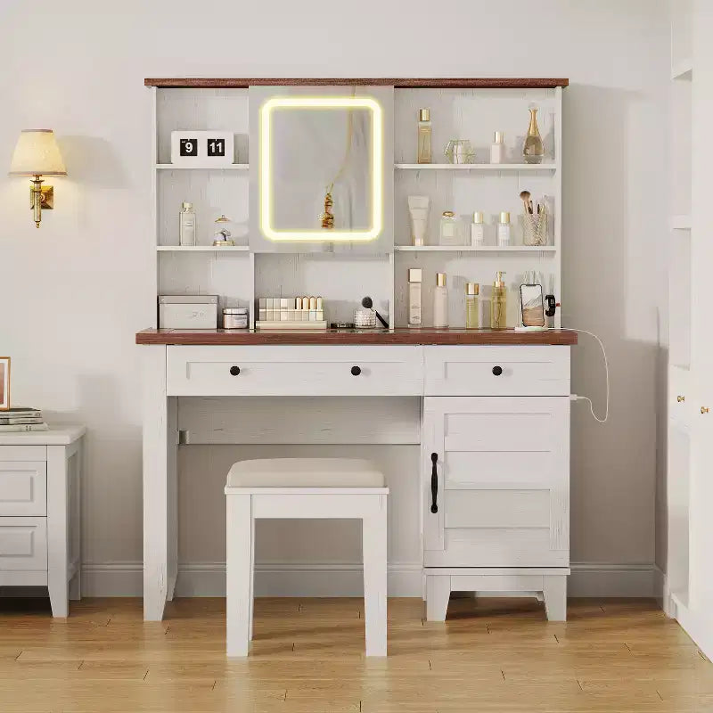 Schminktisch im Landhausstil mit Spiegel und Beleuchtung, Steckdose, 2 Schubladen und gepolstertem Hocker, Glasplatte für Schlafzimmer und Ankleidezimmer