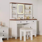 Schminktisch im Landhausstil mit Spiegel und Beleuchtung, Steckdose, 2 Schubladen und gepolstertem Hocker, Glasplatte für Schlafzimmer und Ankleidezimmer