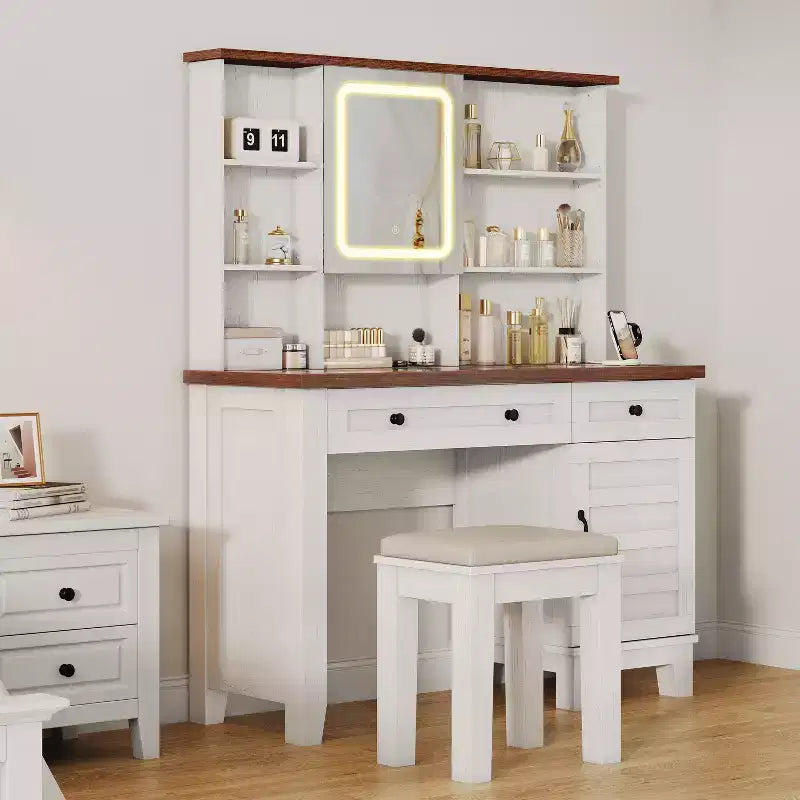 Schminktisch im Landhausstil mit Spiegel und Beleuchtung, Steckdose, 2 Schubladen und gepolstertem Hocker, Glasplatte für Schlafzimmer und Ankleidezimmer