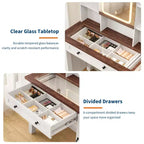 Schminktisch im Landhausstil mit Spiegel und Beleuchtung, Steckdose, 2 Schubladen und gepolstertem Hocker, Glasplatte für Schlafzimmer und Ankleidezimmer