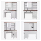Schminktisch im Landhausstil mit Spiegel und Beleuchtung, Steckdose, 2 Schubladen und gepolstertem Hocker, Glasplatte für Schlafzimmer und Ankleidezimmer