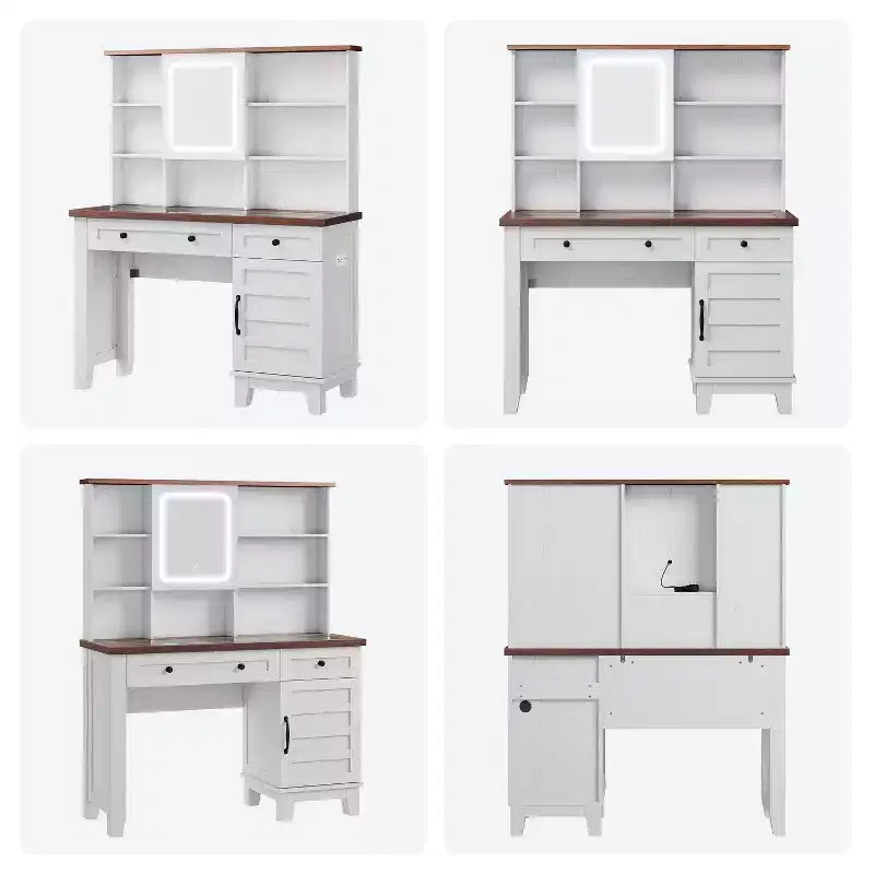 Schminktisch im Landhausstil mit Spiegel und Beleuchtung, Steckdose, 2 Schubladen und gepolstertem Hocker, Glasplatte für Schlafzimmer und Ankleidezimmer
