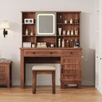 Schminktisch im Landhausstil mit Spiegel und Beleuchtung, Steckdose, 2 Schubladen und gepolstertem Hocker, Glasplatte für Schlafzimmer und Ankleidezimmer