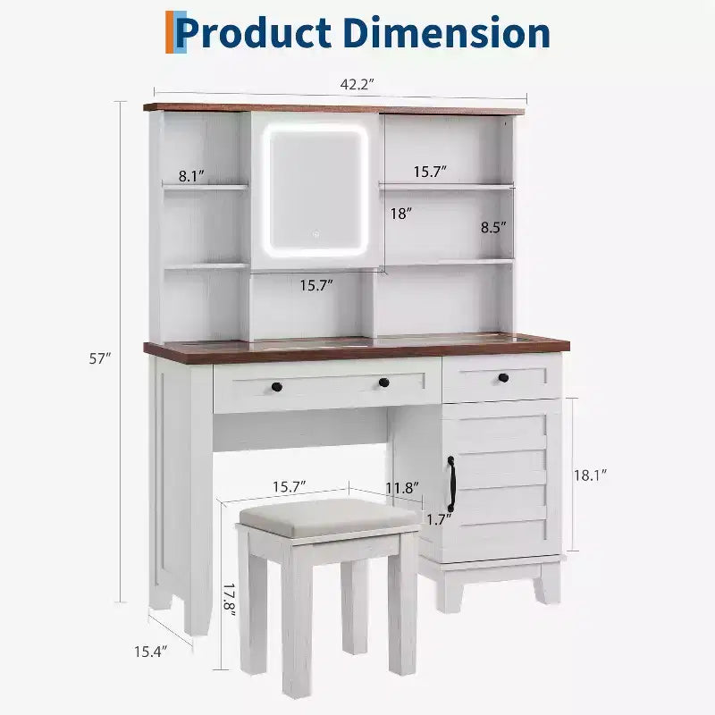 Schminktisch im Landhausstil mit Spiegel und Beleuchtung, Steckdose, 2 Schubladen und gepolstertem Hocker, Glasplatte für Schlafzimmer und Ankleidezimmer