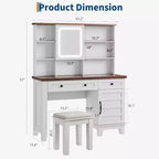 Schminktisch im Landhausstil mit Spiegel und Beleuchtung, Steckdose, 2 Schubladen und gepolstertem Hocker, Glasplatte für Schlafzimmer und Ankleidezimmer
