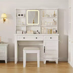 Schminktisch im Landhausstil mit Spiegel und Beleuchtung, Steckdose, 2 Schubladen und gepolstertem Hocker, Glasplatte für Schlafzimmer und Ankleidezimmer