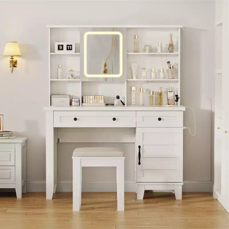 Schminktisch im Landhausstil mit Spiegel und Beleuchtung, Steckdose, 2 Schubladen und gepolstertem Hocker, Glasplatte für Schlafzimmer und Ankleidezimmer