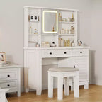 Schminktisch im Landhausstil mit Spiegel und Beleuchtung, Steckdose, 2 Schubladen und gepolstertem Hocker, Glasplatte für Schlafzimmer und Ankleidezimmer
