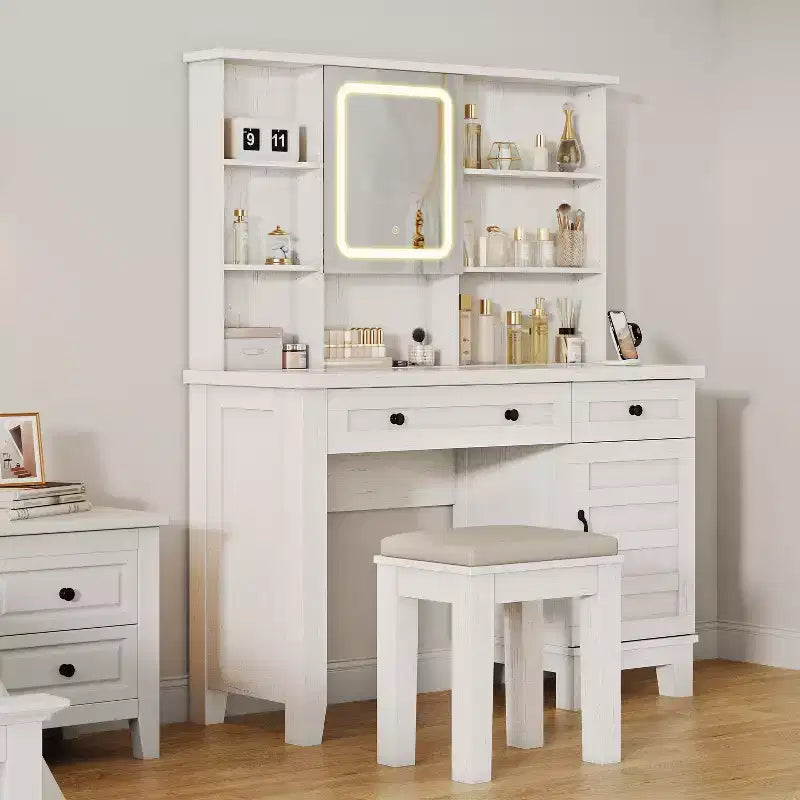 Schminktisch im Landhausstil mit Spiegel und Beleuchtung, Steckdose, 2 Schubladen und gepolstertem Hocker, Glasplatte für Schlafzimmer und Ankleidezimmer