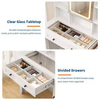 Schminktisch im Landhausstil mit Spiegel und Beleuchtung, Steckdose, 2 Schubladen und gepolstertem Hocker, Glasplatte für Schlafzimmer und Ankleidezimmer