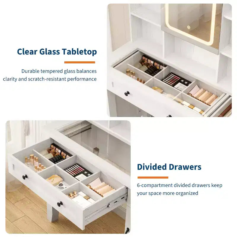 Schminktisch im Landhausstil mit Spiegel und Beleuchtung, Steckdose, 2 Schubladen und gepolstertem Hocker, Glasplatte für Schlafzimmer und Ankleidezimmer