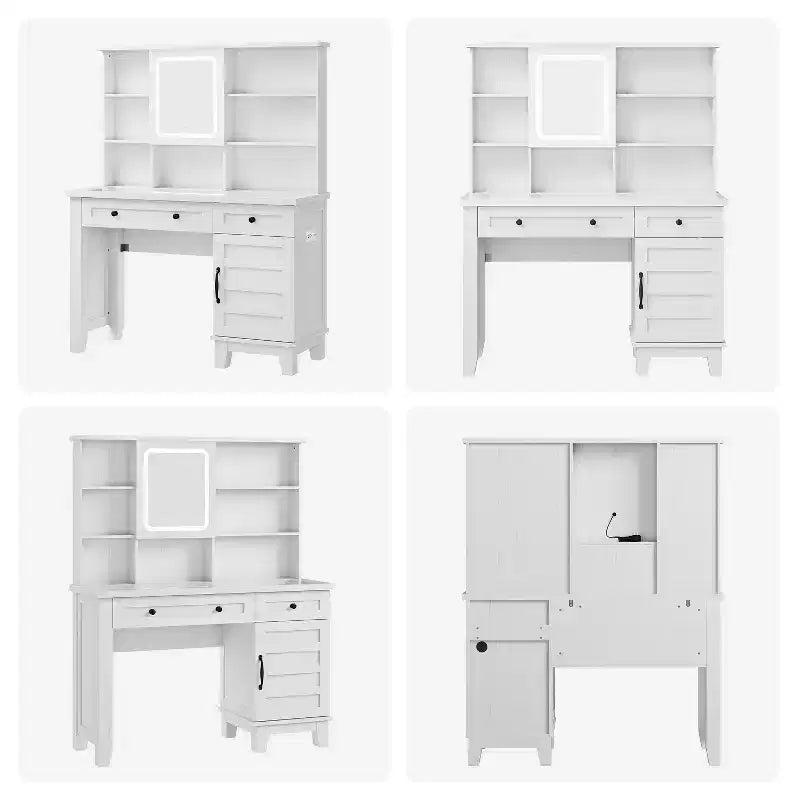 Schminktisch im Landhausstil mit Spiegel und Beleuchtung, Steckdose, 2 Schubladen und gepolstertem Hocker, Glasplatte für Schlafzimmer und Ankleidezimmer