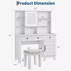 Schminktisch im Landhausstil mit Spiegel und Beleuchtung, Steckdose, 2 Schubladen und gepolstertem Hocker, Glasplatte für Schlafzimmer und Ankleidezimmer