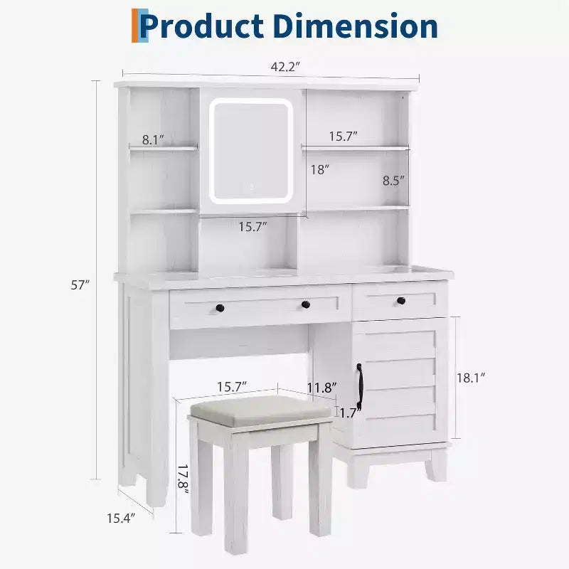 Schminktisch im Landhausstil mit Spiegel und Beleuchtung, Steckdose, 2 Schubladen und gepolstertem Hocker, Glasplatte für Schlafzimmer und Ankleidezimmer