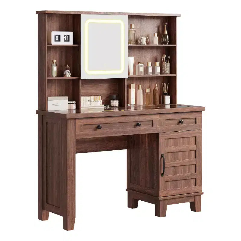 Schminktisch im Landhausstil mit Spiegel und Beleuchtung, Steckdose, 2 Schubladen und gepolstertem Hocker, Glasplatte für Schlafzimmer und Ankleidezimmer