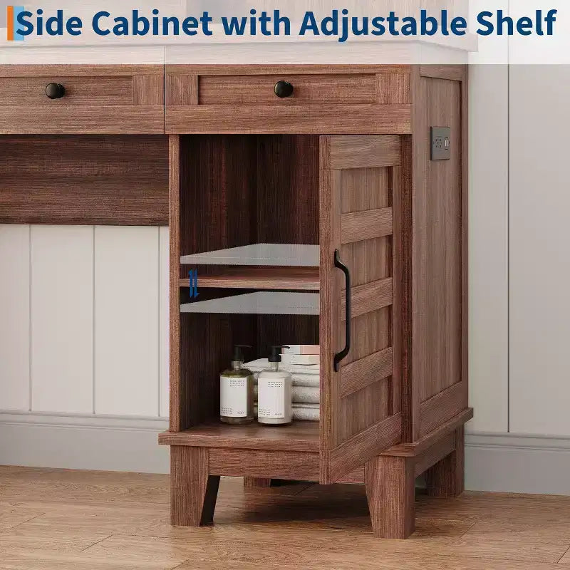 Schminktisch im Landhausstil mit Spiegel und Beleuchtung, Steckdose, 2 Schubladen und gepolstertem Hocker, Glasplatte für Schlafzimmer und Ankleidezimmer