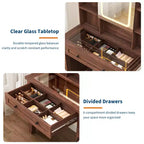 Schminktisch im Landhausstil mit Spiegel und Beleuchtung, Steckdose, 2 Schubladen und gepolstertem Hocker, Glasplatte für Schlafzimmer und Ankleidezimmer