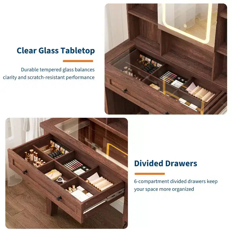 Schminktisch im Landhausstil mit Spiegel und Beleuchtung, Steckdose, 2 Schubladen und gepolstertem Hocker, Glasplatte für Schlafzimmer und Ankleidezimmer