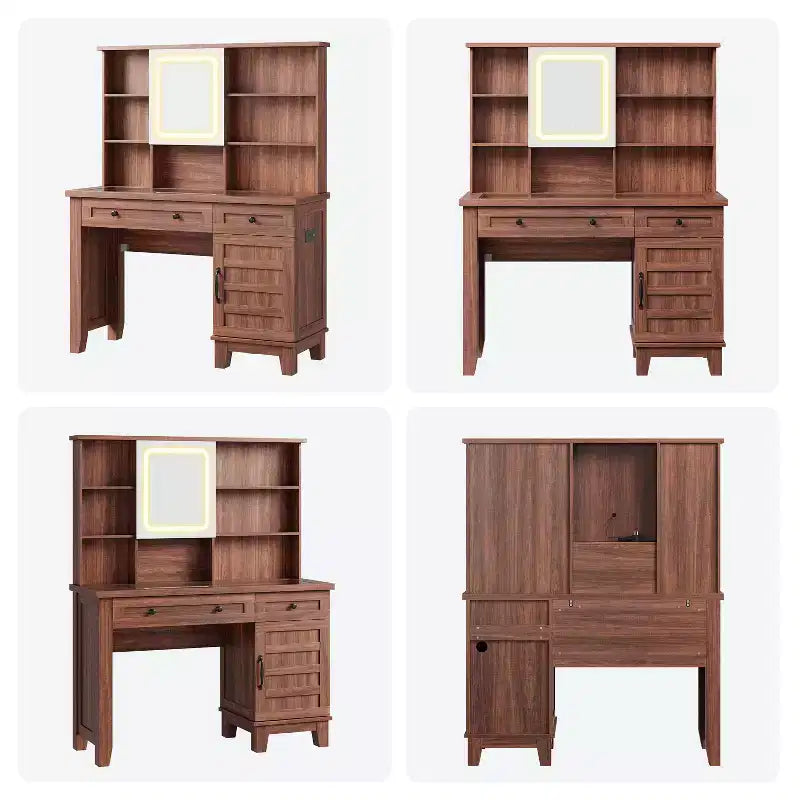 Schminktisch im Landhausstil mit Spiegel und Beleuchtung, Steckdose, 2 Schubladen und gepolstertem Hocker, Glasplatte für Schlafzimmer und Ankleidezimmer