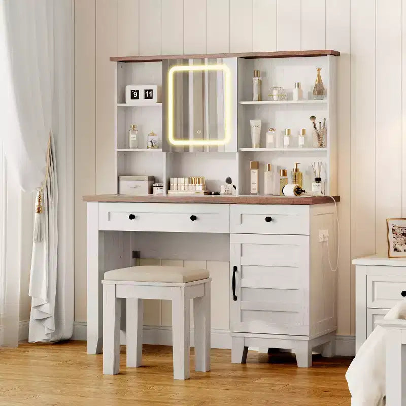 Tocador de maquillaje estilo granja con espejo y luces, toma de corriente, 2 cajones y taburete acolchado, superficie de vidrio para dormitorio o vestidor