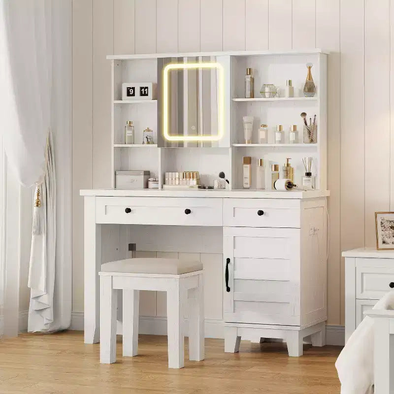 Tocador de maquillaje estilo granja con espejo y luces, toma de corriente, 2 cajones y taburete acolchado, superficie de vidrio para dormitorio o vestidor