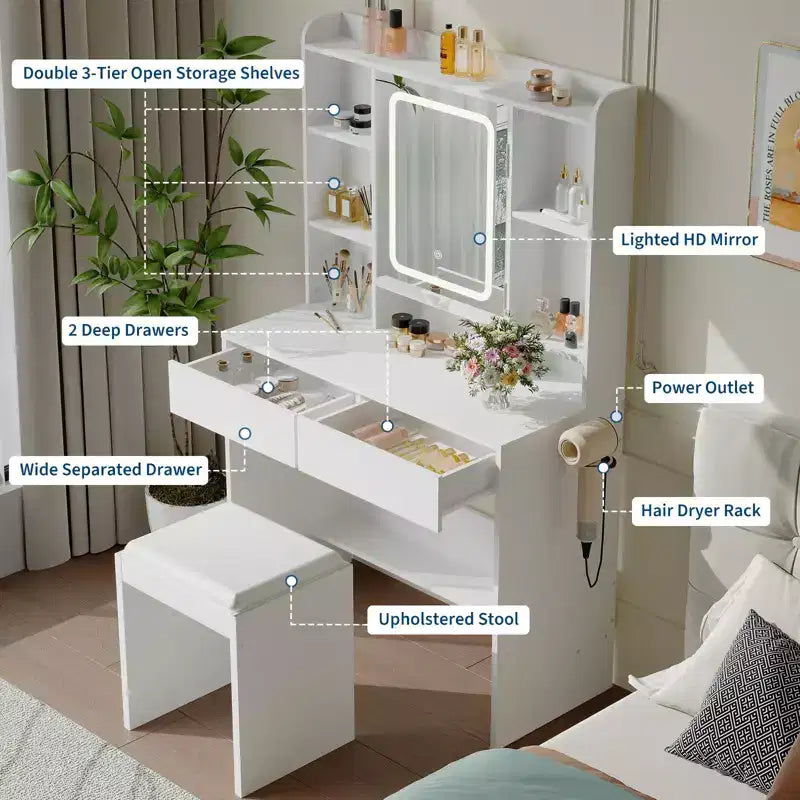GustoWave Schminktisch mit Spiegel und Beleuchtung, inklusive gepolstertem Hocker, Aufbewahrungsschubladen, USB-Anschlüssen und einstellbarer LED-Beleuchtung mit 3 Lichtmodi