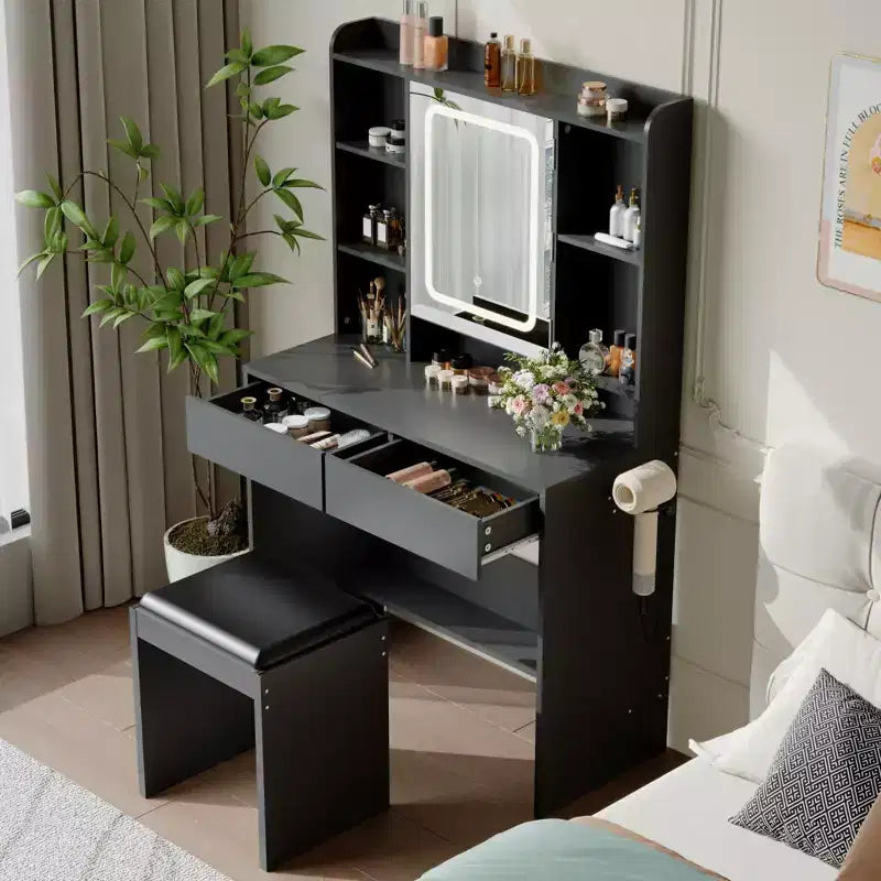 GustoWave Schminktisch mit Spiegel und Beleuchtung, inklusive gepolstertem Hocker, Aufbewahrungsschubladen, USB-Anschlüssen und einstellbarer LED-Beleuchtung mit 3 Lichtmodi