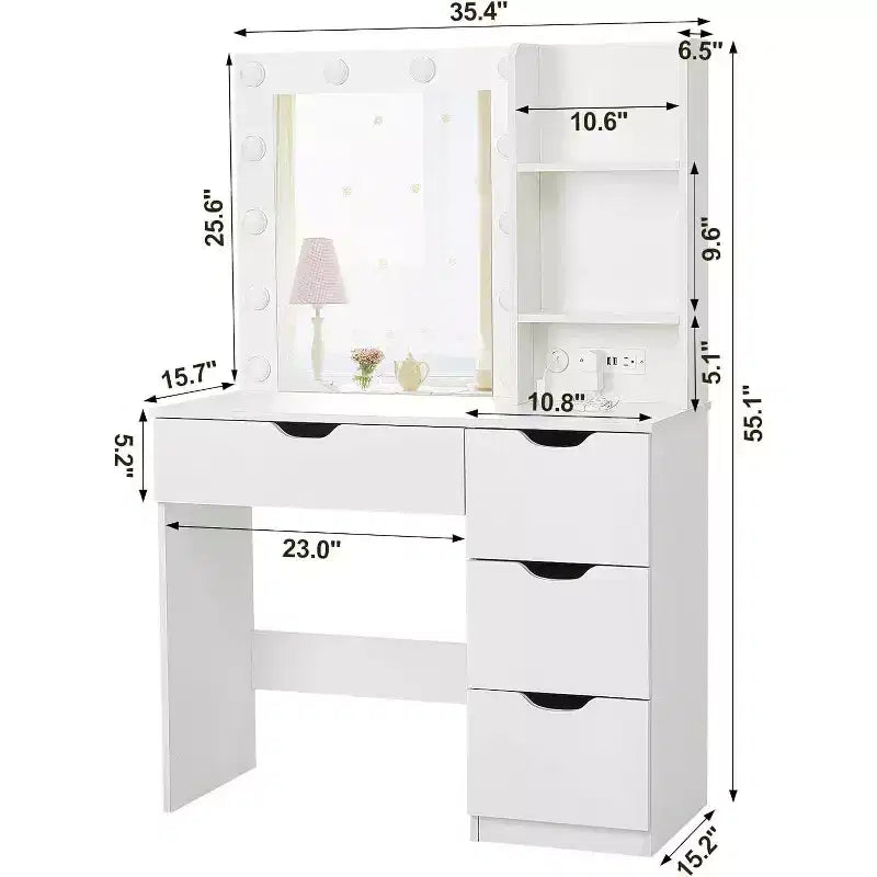 Acekool moderner Schminktisch mit beleuchtetem Spiegel, Steckdosen, 4 Schubladen, Kristallknöpfen, einstellbarer LED-Beleuchtung und Ablagefächern für das Schlafzimmer, Weiß