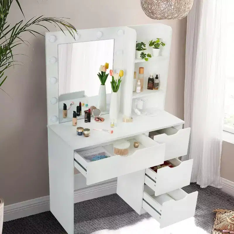 Acekool moderner Schminktisch mit beleuchtetem Spiegel, Steckdosen, 4 Schubladen, Kristallknöpfen, einstellbarer LED-Beleuchtung und Ablagefächern für das Schlafzimmer, Weiß