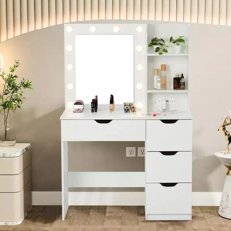 Acekool moderner Schminktisch mit beleuchtetem Spiegel, Steckdosen, 4 Schubladen, Kristallknöpfen, einstellbarer LED-Beleuchtung und Ablagefächern für das Schlafzimmer, Weiß