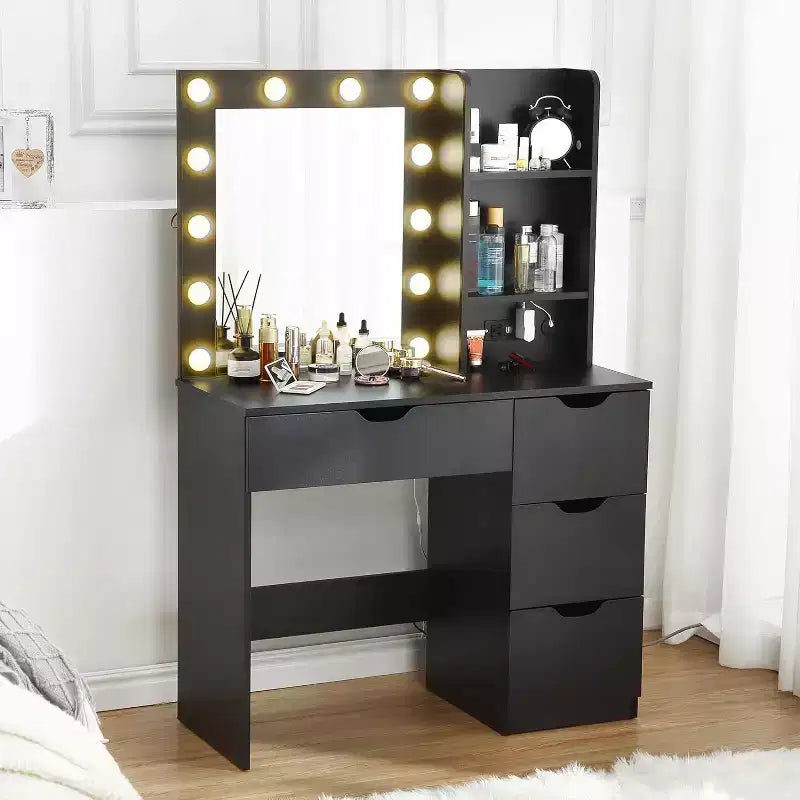 Acekool moderner Schminktisch mit beleuchtetem Spiegel, Steckdosen, 4 Schubladen, Kristallknöpfen, einstellbarer LED-Beleuchtung und Ablagefächern für das Schlafzimmer, Weiß