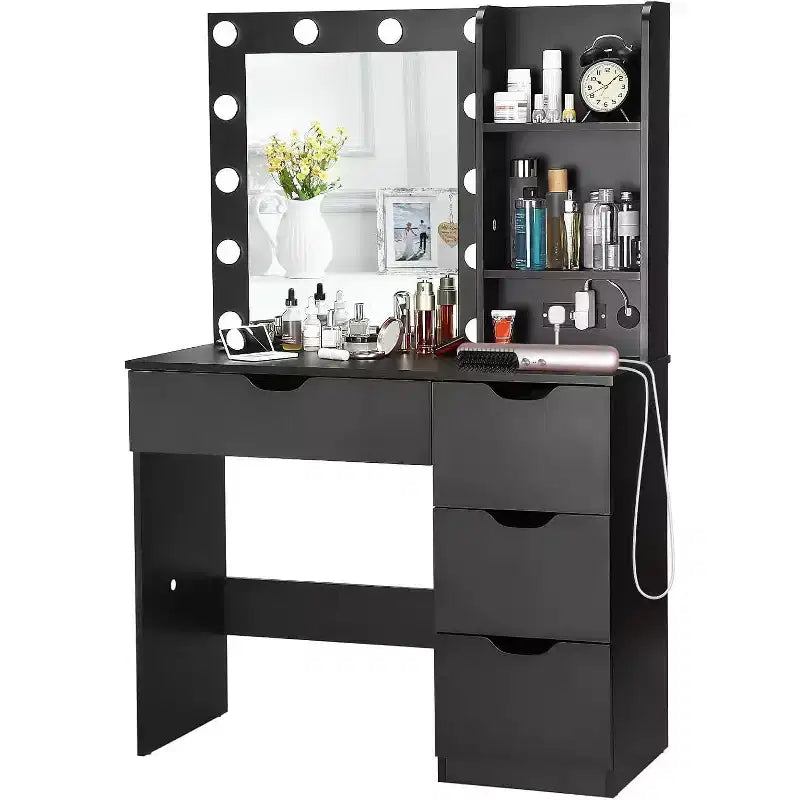Acekool Modern Vanity Makeup Desk with Lighted Mirror, Power Outlets, 4 Drawers, Crystal Knobs, Adjustable LED, Storage Shelves for Bedroom, White