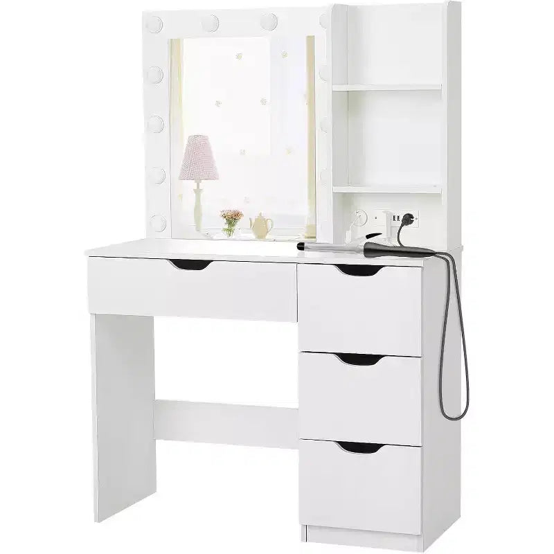 Acekool Modern Vanity Makeup Desk with Lighted Mirror, Power Outlets, 4 Drawers, Crystal Knobs, Adjustable LED, Storage Shelves for Bedroom, White