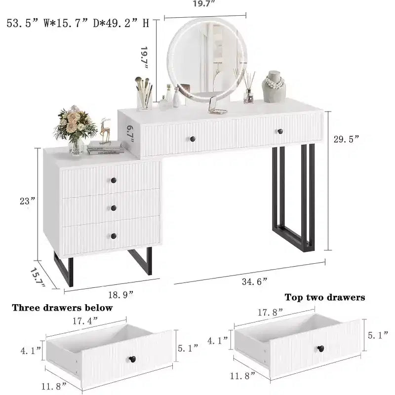 Acekool fehér fésülködőasztal tükörrel és világítással, modern sminkasztal 5 fiókkal, 3 színű LED-világítással és állítható fényerővel, hálószobába