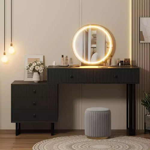 Acekool White Vanity Desk with Mirror and Lights, Modern Makeup Vanity Table with 5 Drawers, 3-Color LED, Adjustable Brightness for Bedroom