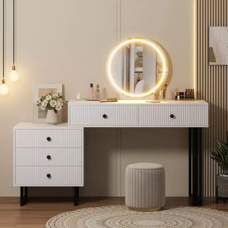 Escritorio tocador blanco Acekool con espejo y luces, mesa tocador de maquillaje moderna con 5 cajones, LED de 3 colores y brillo ajustable para dormitorio